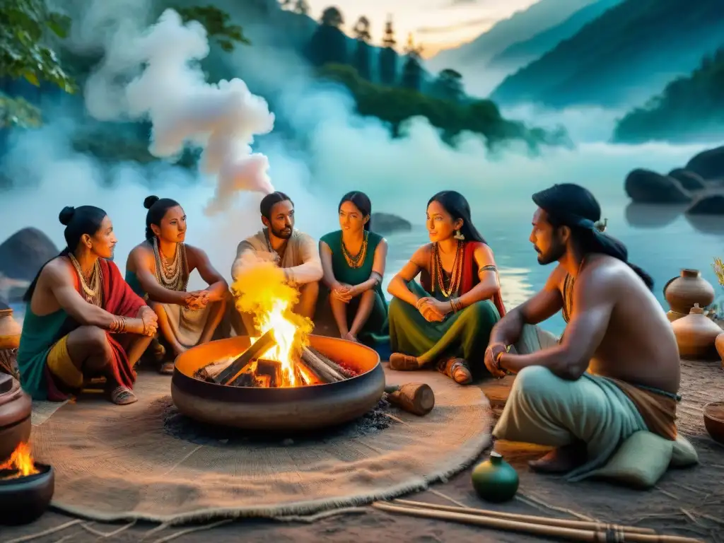 Ritual ancestral en bosque: tribu nómada en fogata Tribu nómada preparando tónicos ancestrales para renovar energía en el bosque mágico