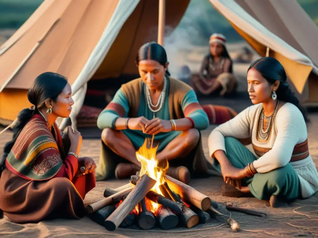Tribu nómada: Vida en comunidad alrededor del fuego Una tribu nómada se reúne en torno al fuego, mostrando modelos de parentalidad en tribus