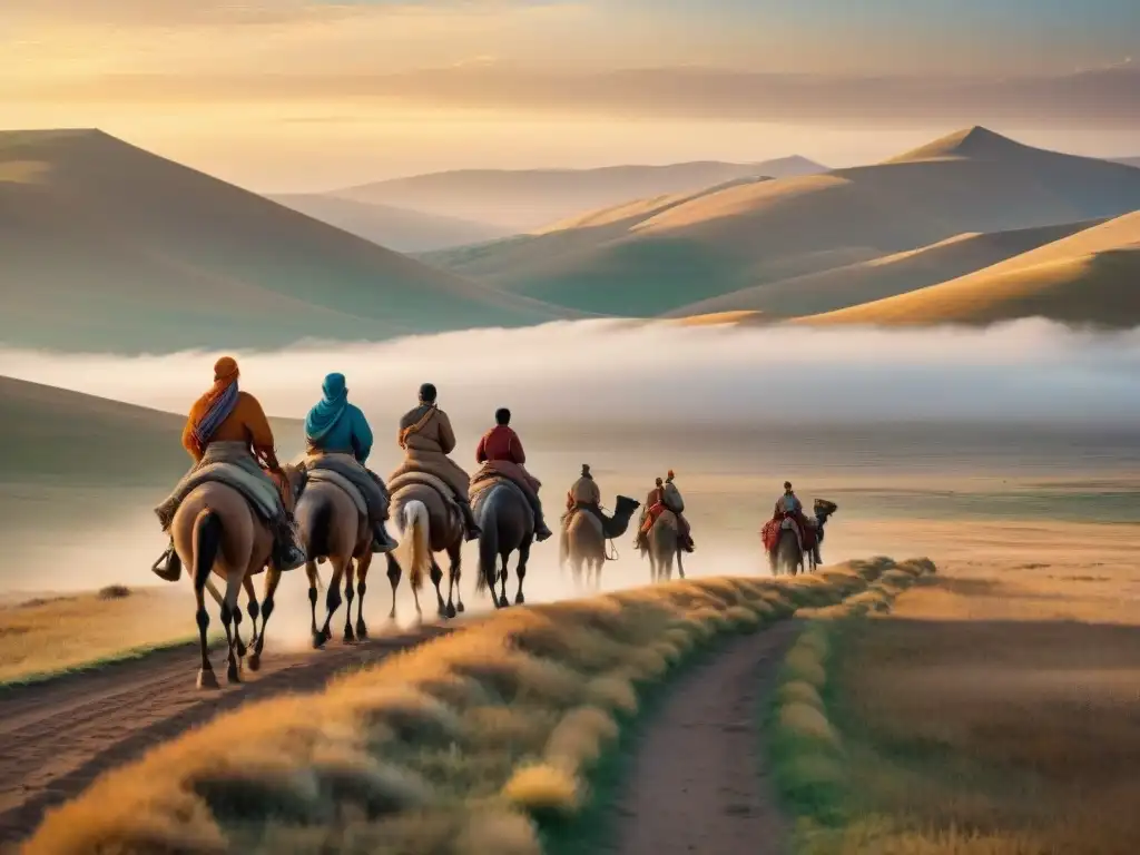 Tribu nómada en transporte eficiente por las estepas al atardecer