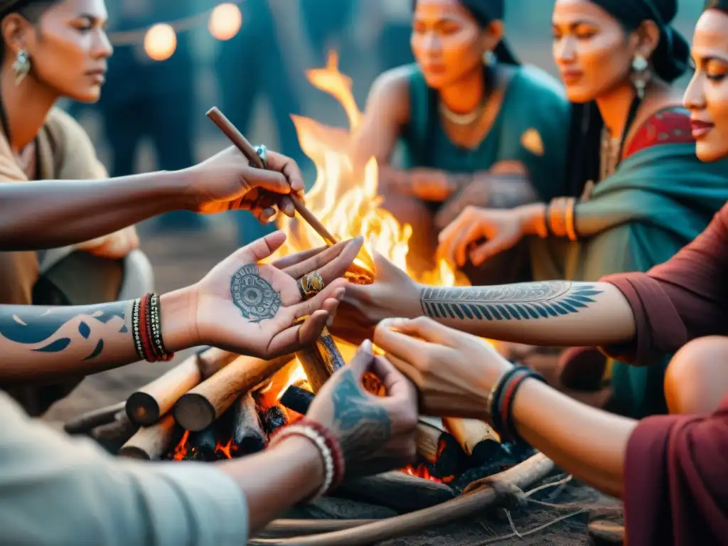 Tribu nómada unida alrededor de fogata, con tatuajes que narran historia y tradición