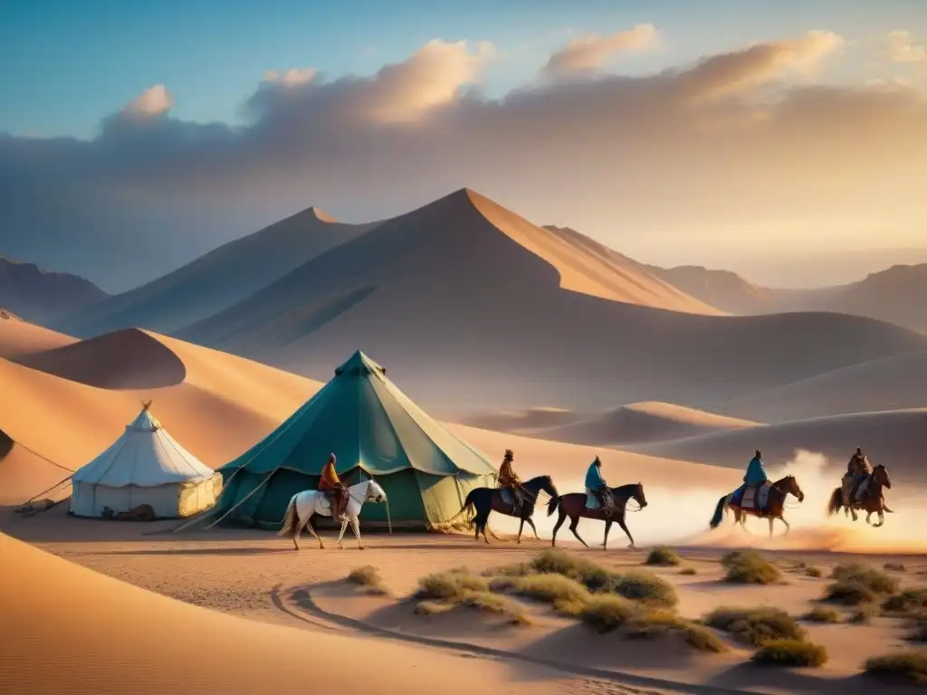 Una tribu nómada viaja por un vasto desierto con caballos y halcones, evocando aventura y conexión con la naturaleza