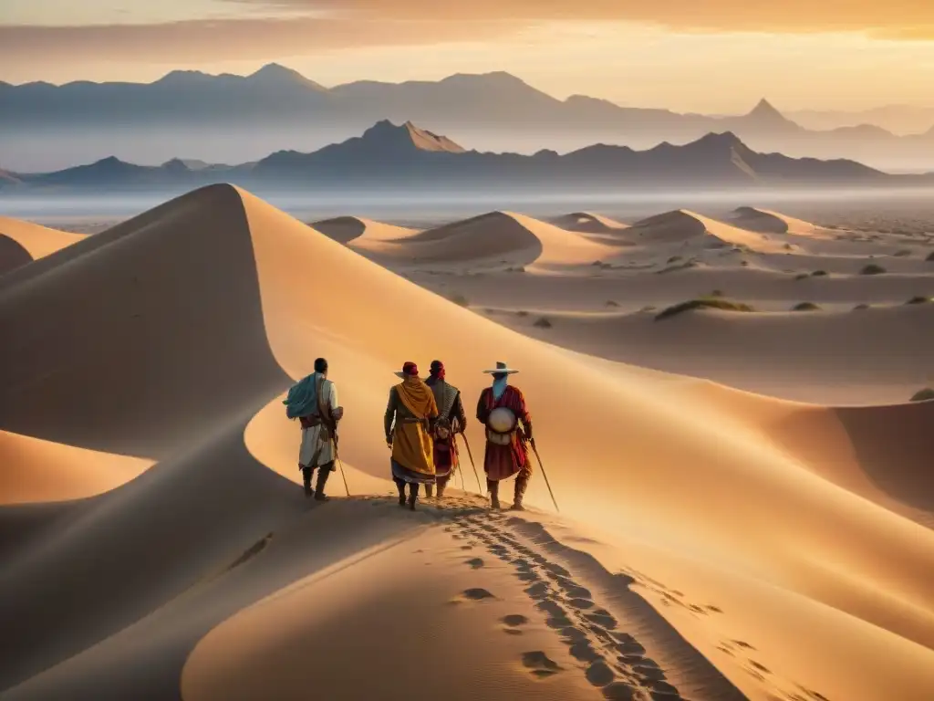 Tribu nómada espía rival desde dunas en desierto al atardecer