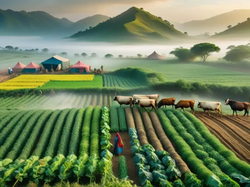 Tribus nómadas practicando agricultura sustentable en armonía con la naturaleza