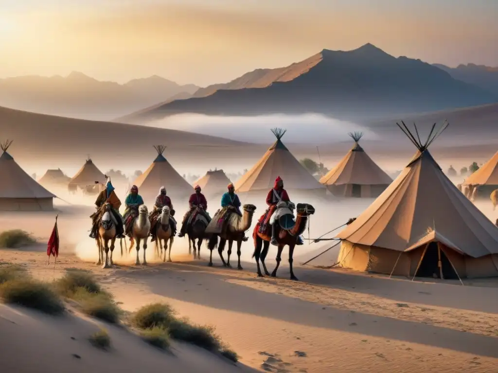 Tribus nómadas en un antiguo campamento militar, montando caballos árabes adornados, con arcos y flechas, en un paisaje desértico al atardecer