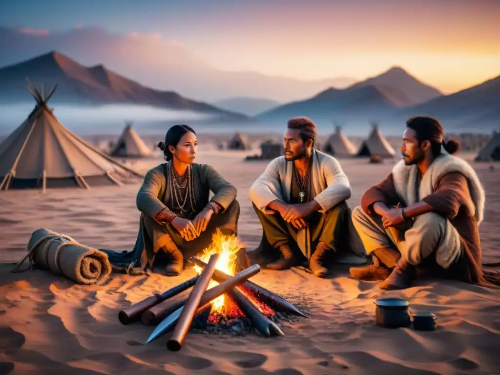 Vida nómada: tribus afilando armas alrededor del fuego Tribus nómadas afilan armas alrededor de fogata en el desierto