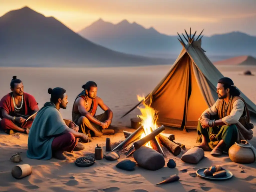 Nomadas afilando sus armas al anochecer en el desierto Tribus nómadas afilan armas alrededor del fuego en desierto