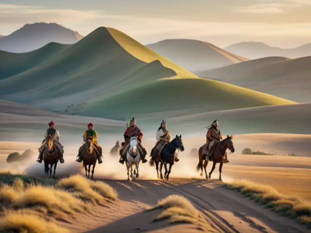 Tribus nómadas en caballo atraviesan la estepa al atardecer, mostrando su historia y legado cultural