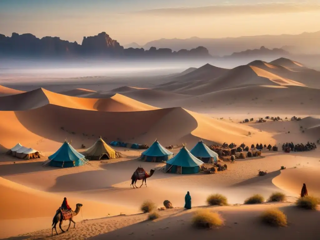 Tribus nómadas arman campamento en desierto al atardecer