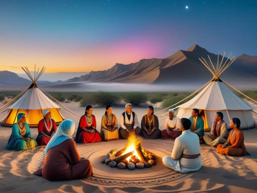 Tribus nómadas participan respetuosamente en una ceremonia tradicional bajo un cielo estrellado en el desierto