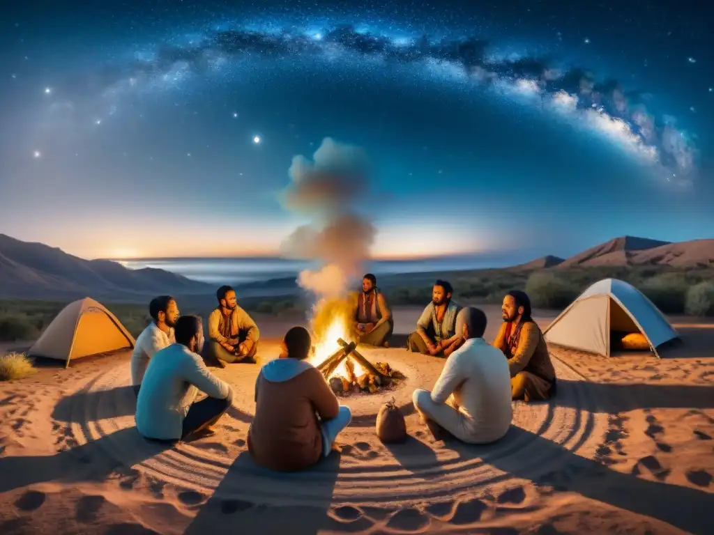 Tribus nómadas en círculo bajo cielo estrellado, meditando