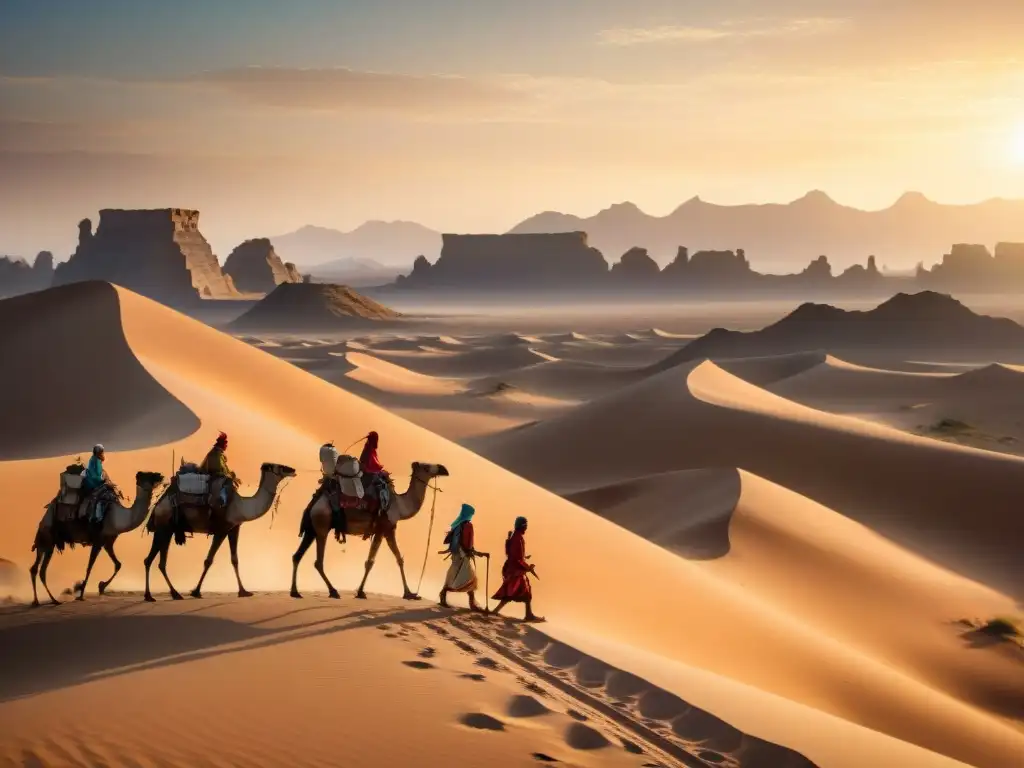 Caravana de tribus nómadas en un desierto ancestral Tribus nómadas atraviesan un desierto árido con caminos de camellos