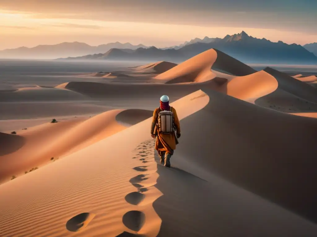 Exploración georradar de tribus nómadas en el desierto árido al atardecer