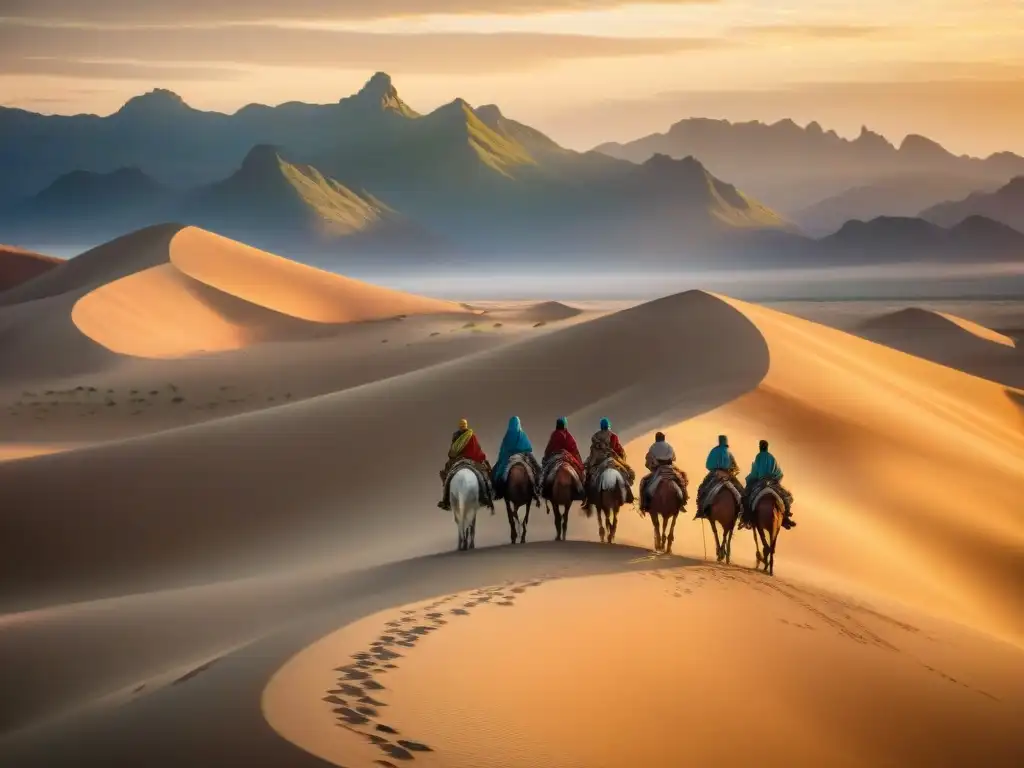 Tribus nómadas en desierto al atardecer, reflejando sabiduría y resiliencia