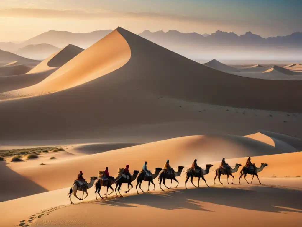 Travesía nómada: Tribus en el desierto al atardecer Tribus nómadas en desierto al atardecer, reflejando orígenes y movimientos