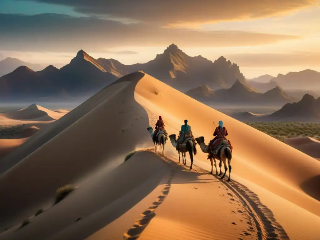 Tribus nómadas atravesando desierto en camellos, exudando resiliencia y unidad en terreno desafiante bajo el sol abrasador