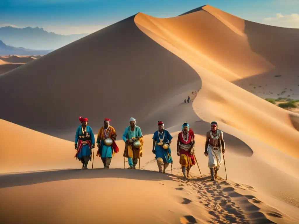 Tribus nómadas en un desierto, vistiendo coloridos atuendos y joyas, montando camellos bajo el sol del desierto