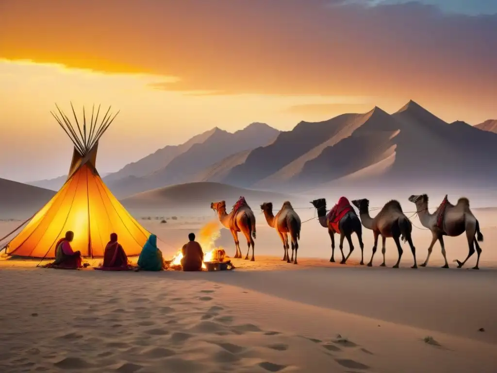 Fotografía de tribus nómadas en un desierto dorado, con camello al atardecer