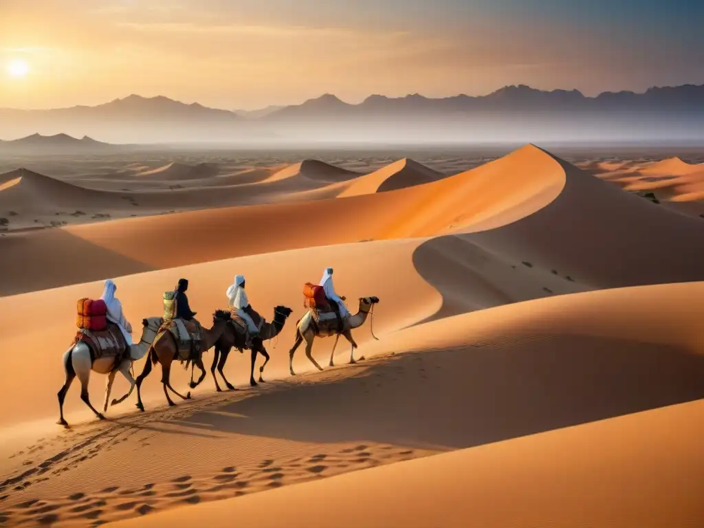 Tribus nómadas atraviesan desierto con tiendas en las dunas, camellos cargados y oasis lejano al atardecer