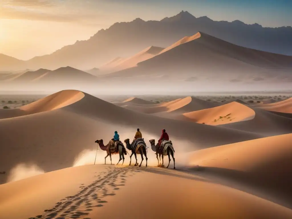 Tribus nómadas en un desierto vasto al atardecer, con tiendas y camellos, en un escenario dramático