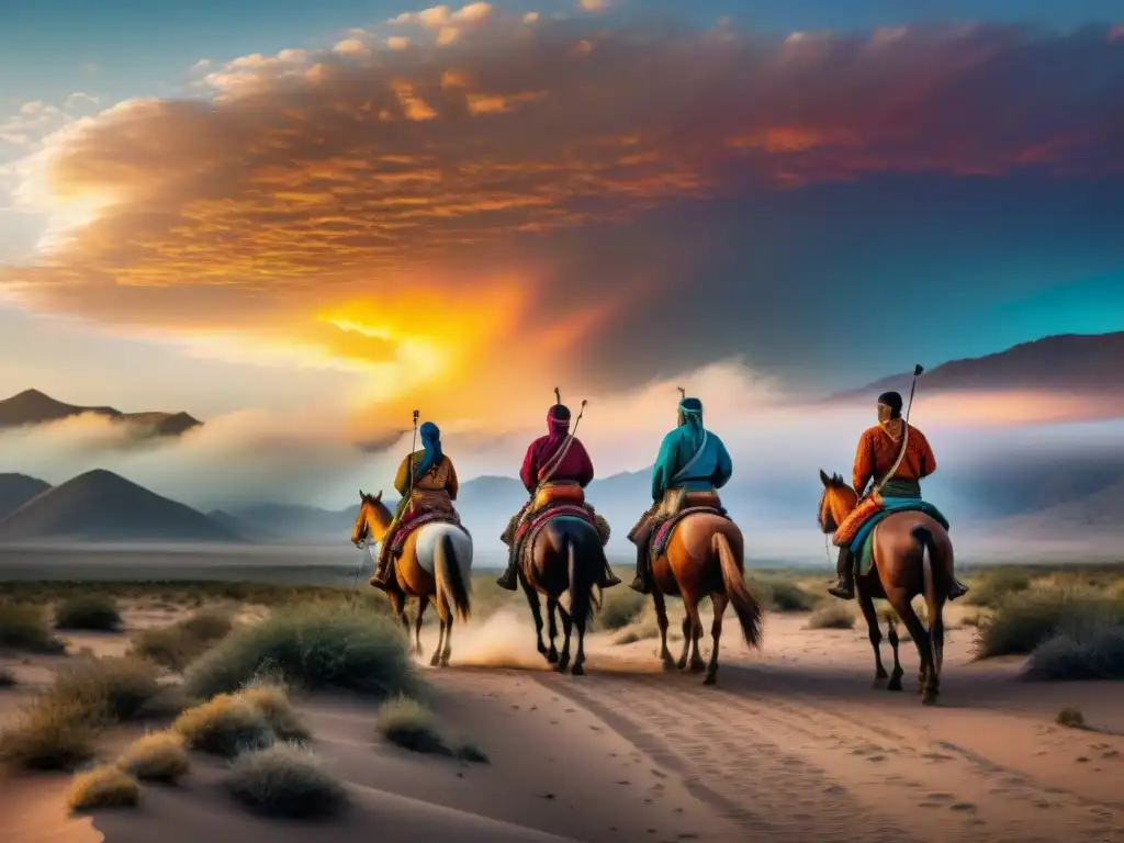 Tribus nómadas en un desierto, con vestimenta colorida y paisaje al atardecer