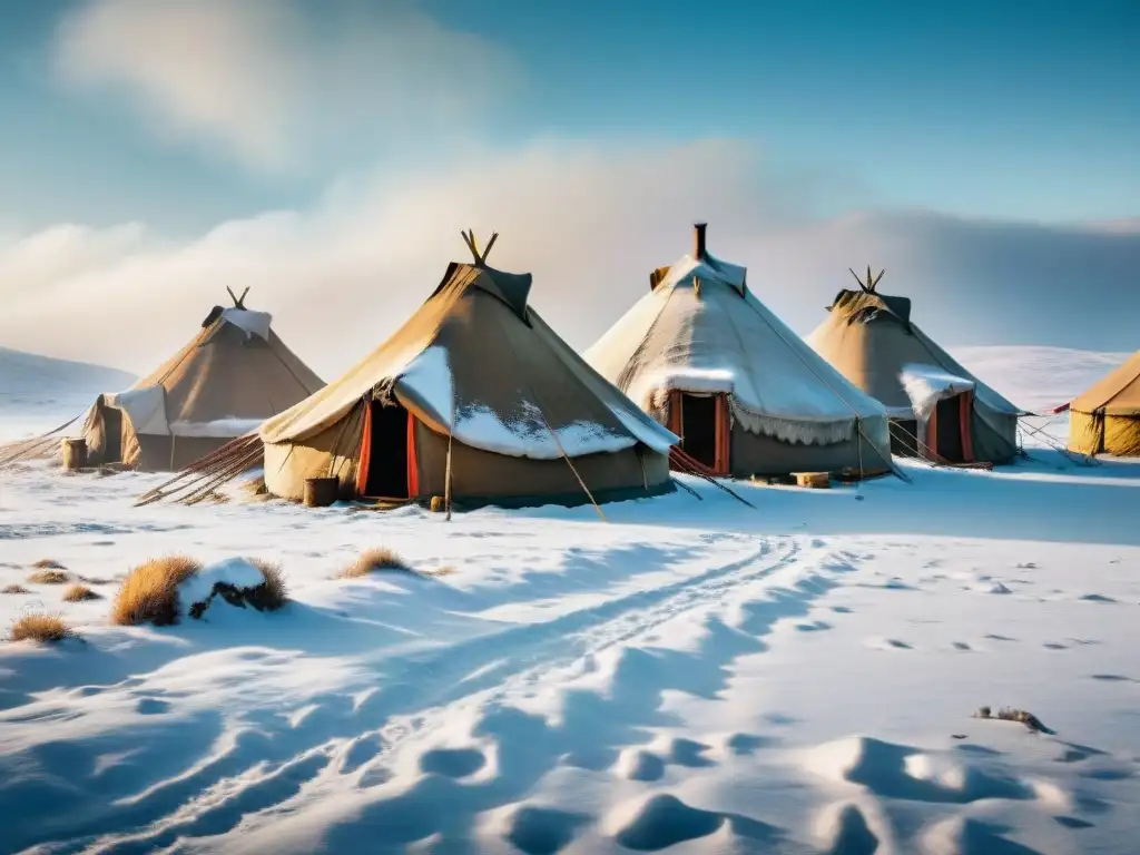 Fotografiando tribus nómadas en estepas: escena invernal de supervivencia y tradición con yurtas, gente envuelta en pieles y actividades cotidianas
