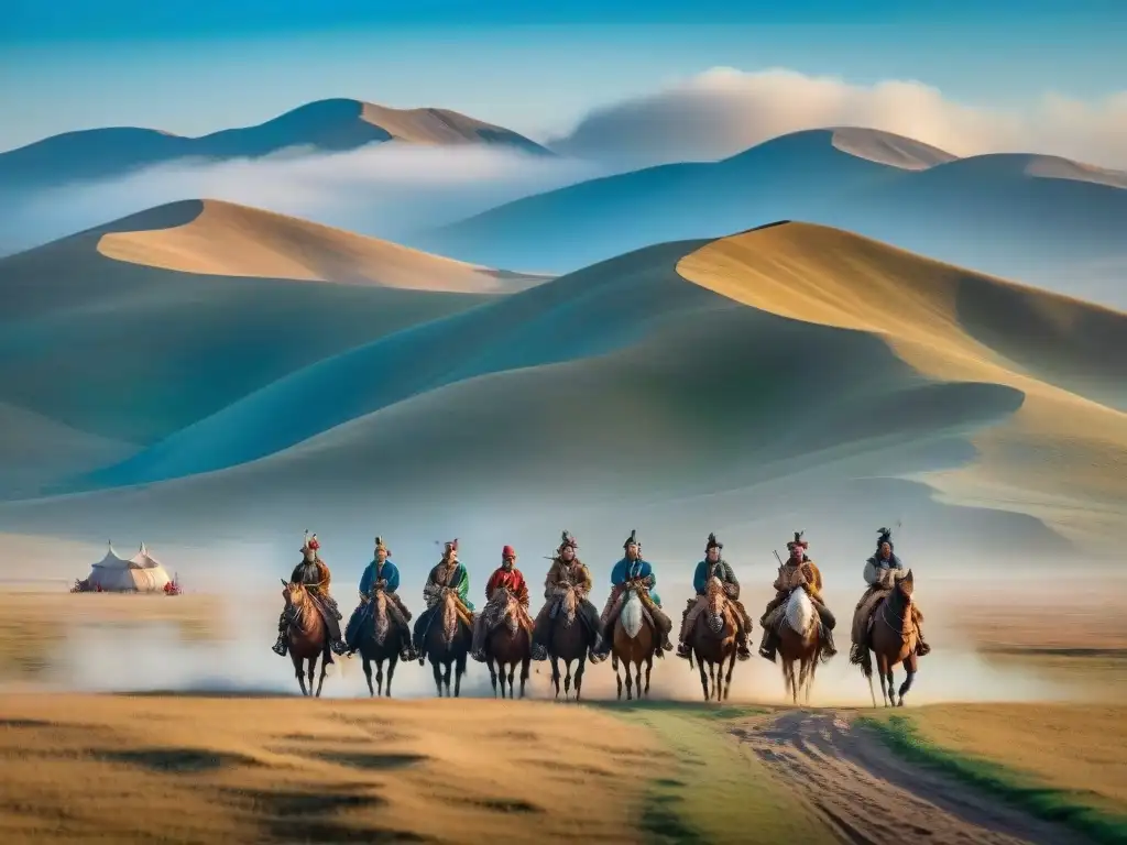 Tribus nómadas cabalgan por las estepas bajo cielos azules, evocando la vida antigua