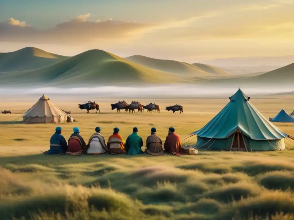 Fotografiando tribus nómadas en estepas con detalles vintage y tonos cálidos al atardecer