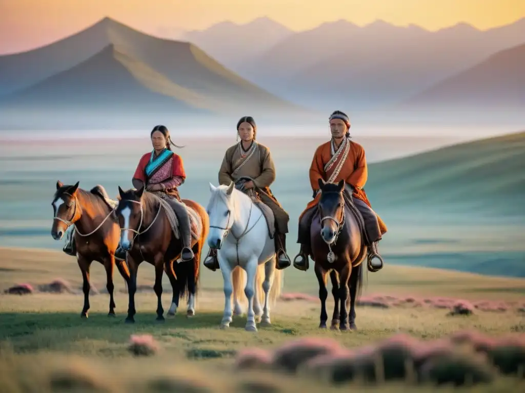 Tribus nómadas en las estepas siberianas, vistiendo atuendos tradicionales y montando caballos en la majestuosa naturaleza