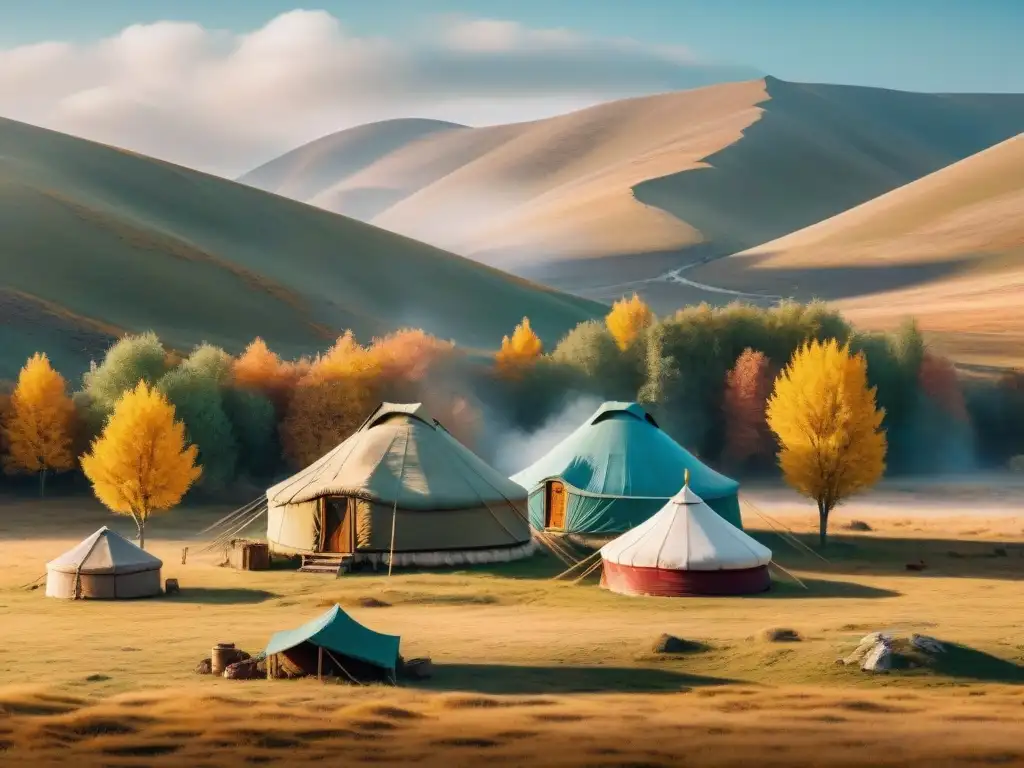 Fotografiando tribus nómadas en estepas mientras preparan yurtas en otoño, rodeados de tonos dorados y hojas cambiantes