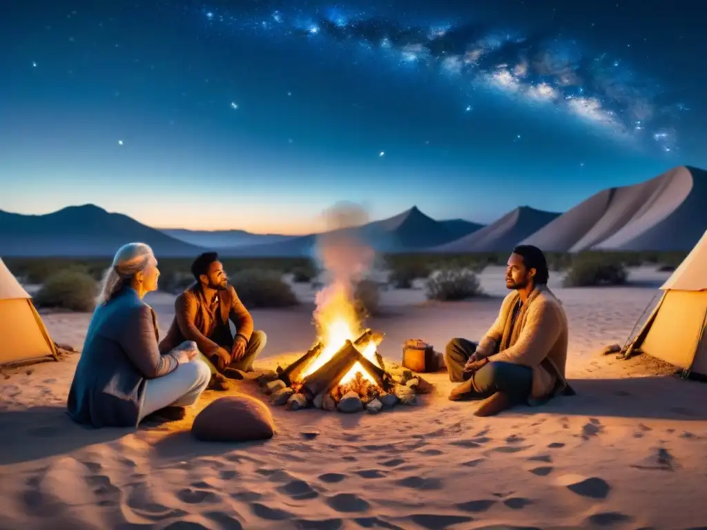 Tribus nómadas enseñan eventos celestiales bajo cielo estrellado en desierto