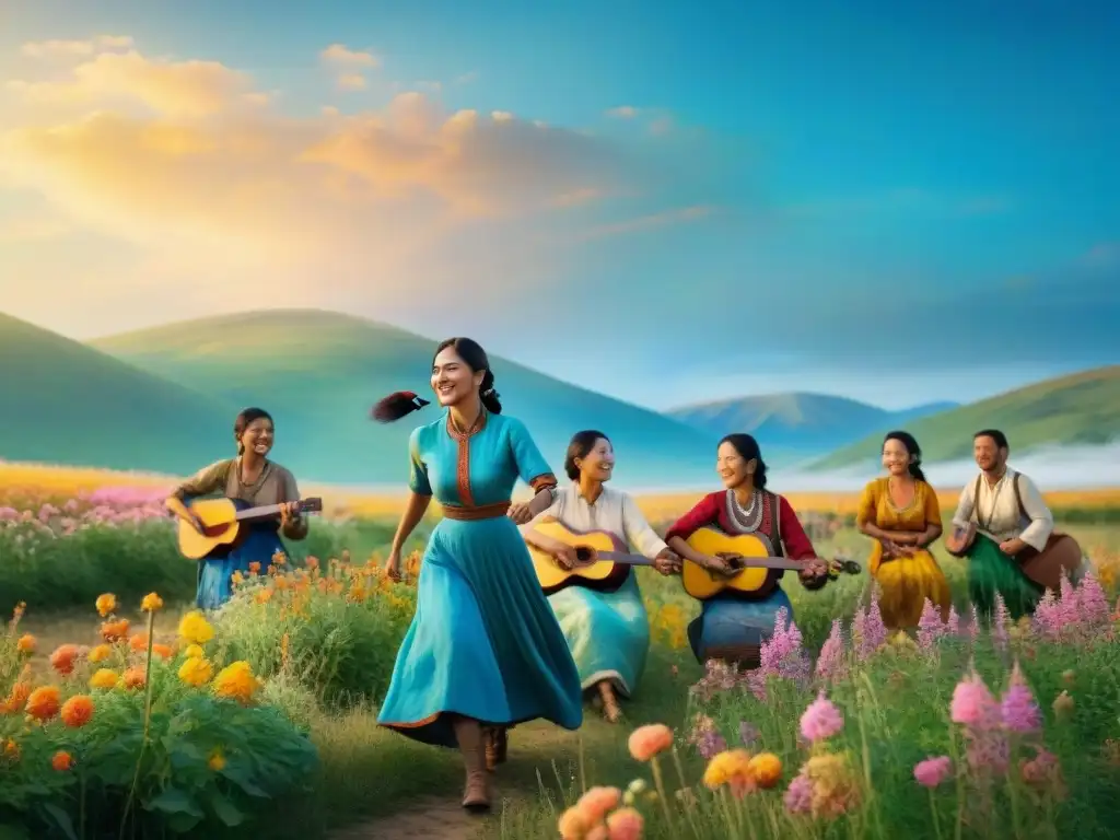 Tribus nómadas celebrando entre flores y hierbas altas en una escena vibrante de verano