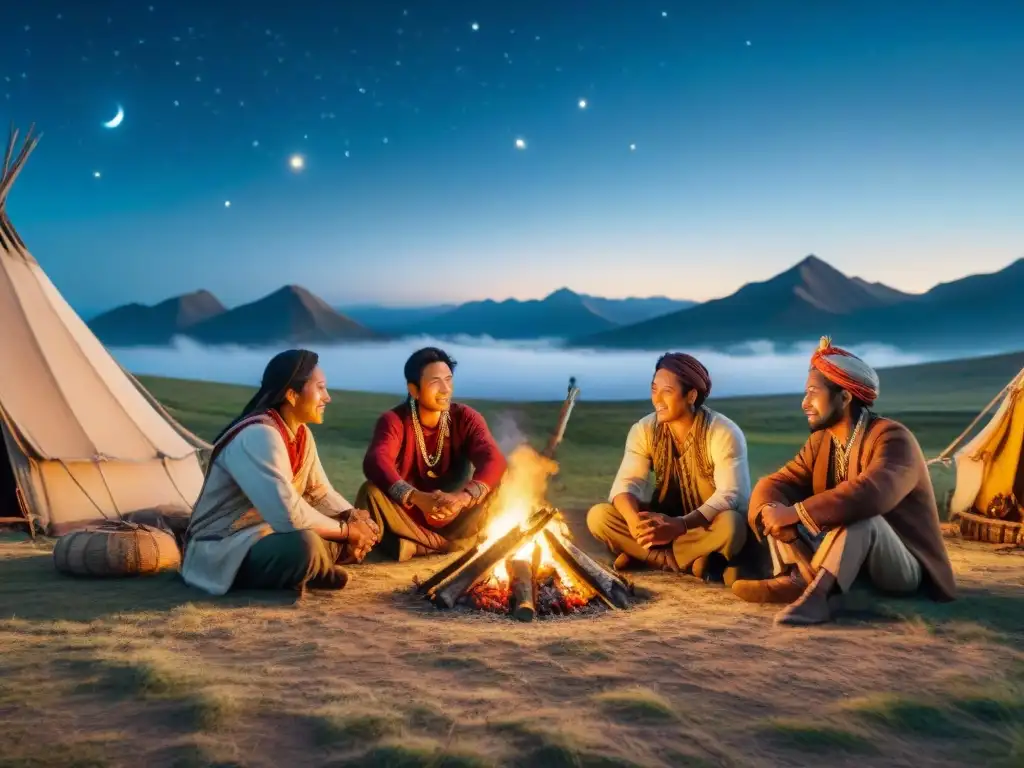 Tribus nómadas se unen alrededor de fogata bajo cielo estrellado, cantando juntas