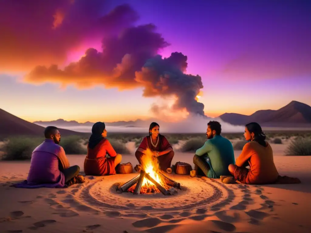 Una ilustración vintage de alta resolución de tribus nómadas participando respetuosamente alrededor de una fogata en el desierto al atardecer