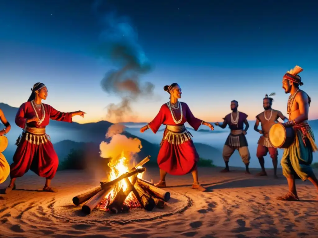 Tribus nómadas bailan alrededor del fuego bajo las estrellas, en una escena de música y danza