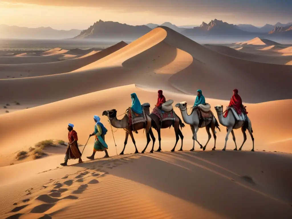 Tribus nómadas compartiendo historias al atardecer en el desierto, con caminos de arena y camellos cargados de suministros