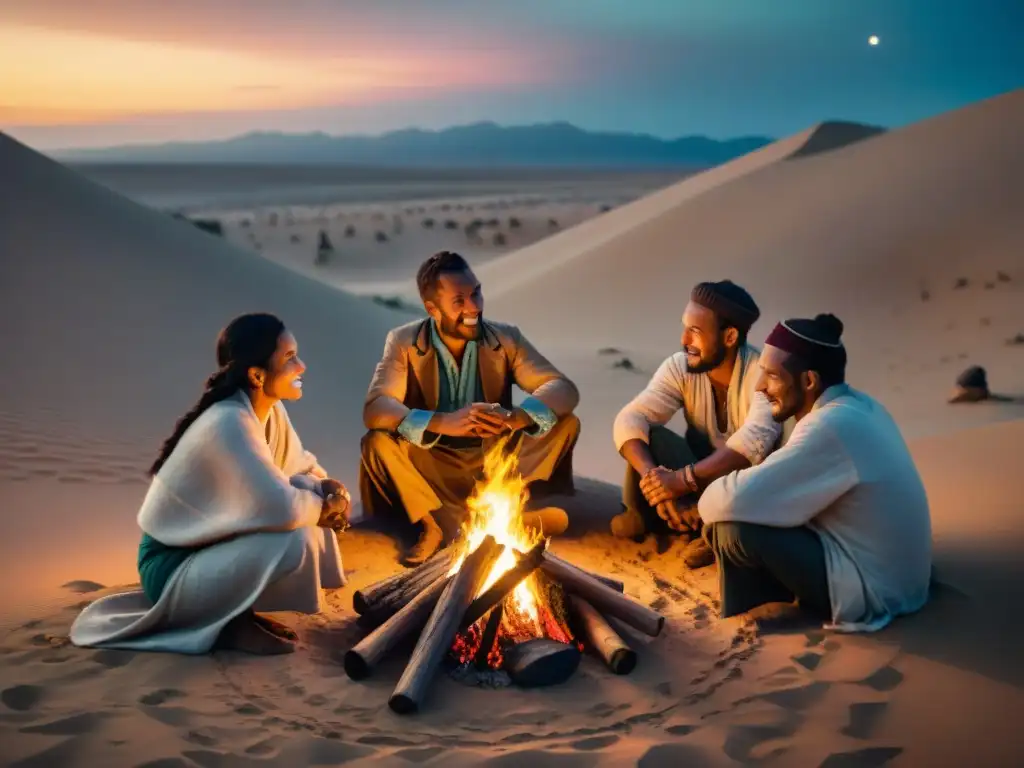 Tribus nómadas comparten historias alrededor del fogón en el desierto al atardecer, creando un legado cultural