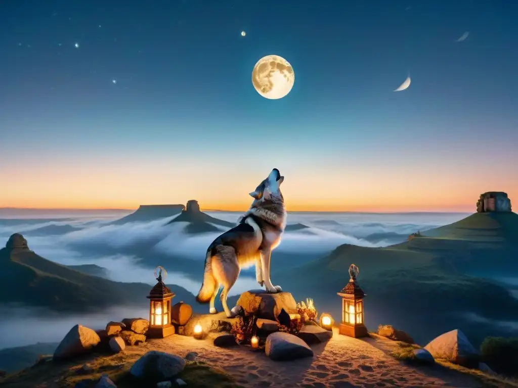 Dos tribus nómadas se unen bajo la luna llena junto a un lobo sagrado, evocando el significado de la mitología nómada