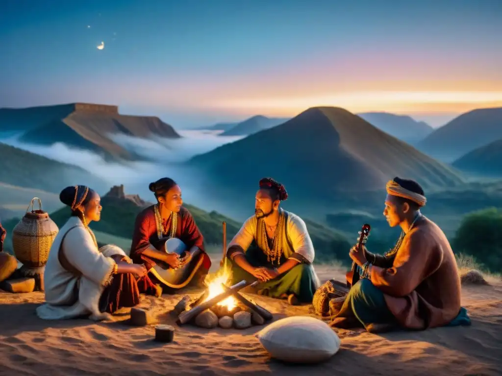 Melodías ancestrales: tribus nómadas bajo el cielo estrellado Tribus nómadas interpretando música ancestral bajo un cielo estrellado, rodeadas de colinas y ruinas antiguas