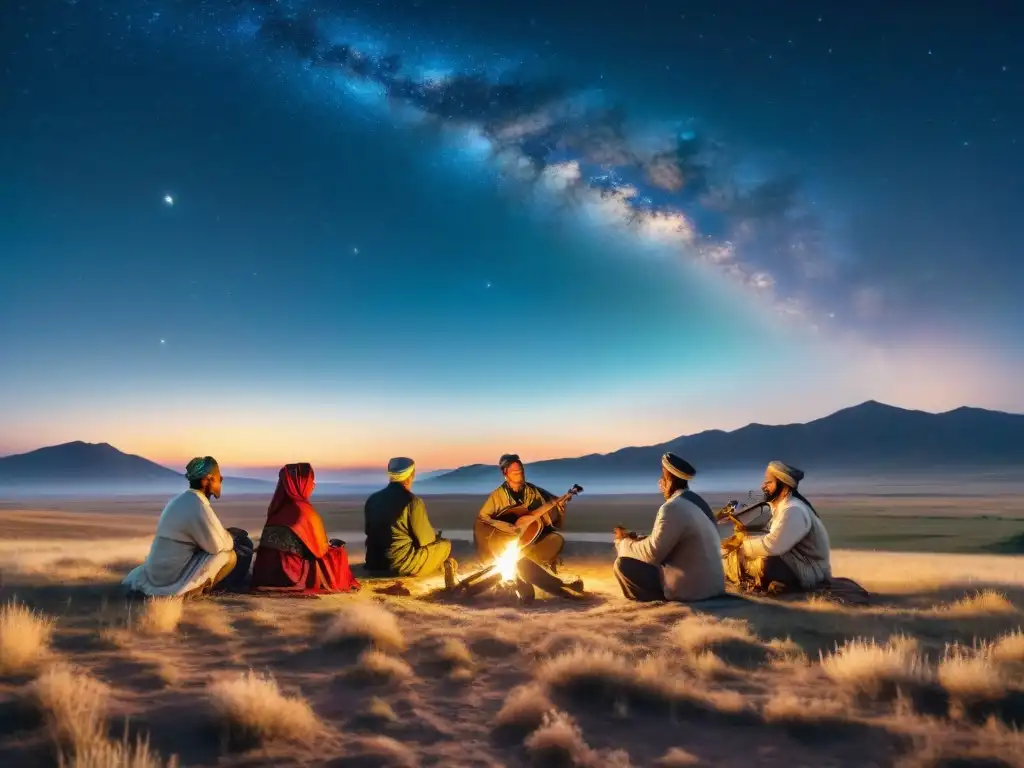 Tribus nómadas tocando música tradicional bajo el cielo estrellado en la estepa