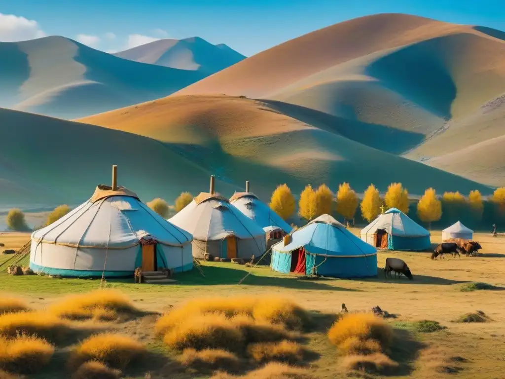 Fotografiando tribus nómadas en estepas: Tribu nómada montando yurtas en la estepa con tonos dorados de otoño