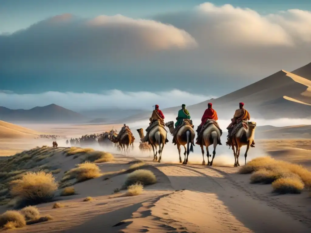 Tribus nómadas en un paisaje desértico, guiando camellos cargados de bienes