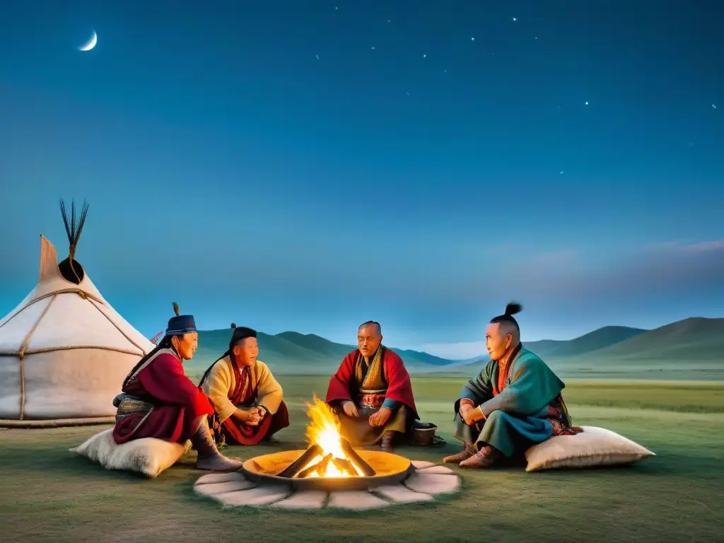 Tribus nómadas compartiendo patrimonio cultural alrededor del fuego en la estepa de Mongolia