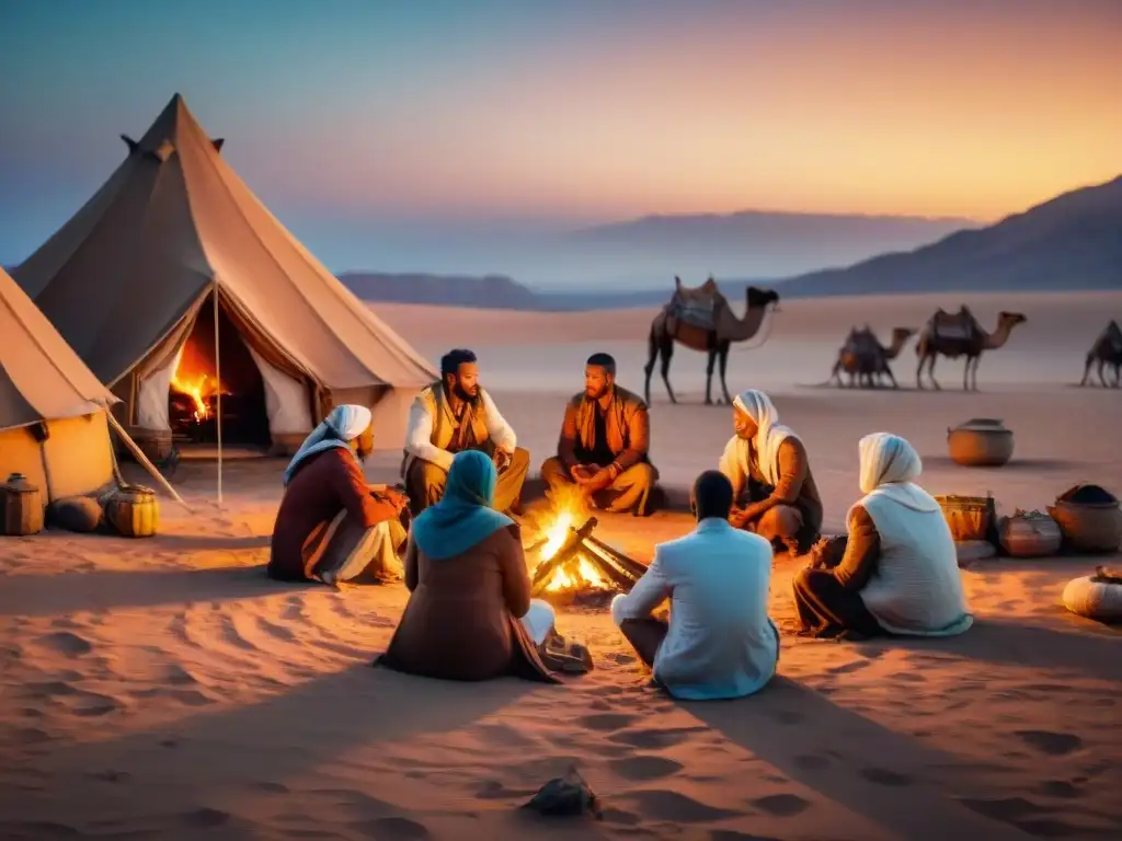 Tribus nómadas escuchando un relato junto al fuego en el desierto estrellado