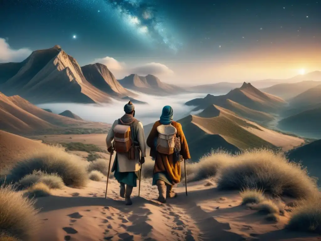 Travesía ancestral: Tribus nómadas bajo el cielo estrellado Tribus nómadas mostrando resistencia mental y espiritual en paisaje agreste bajo el cielo estrellado