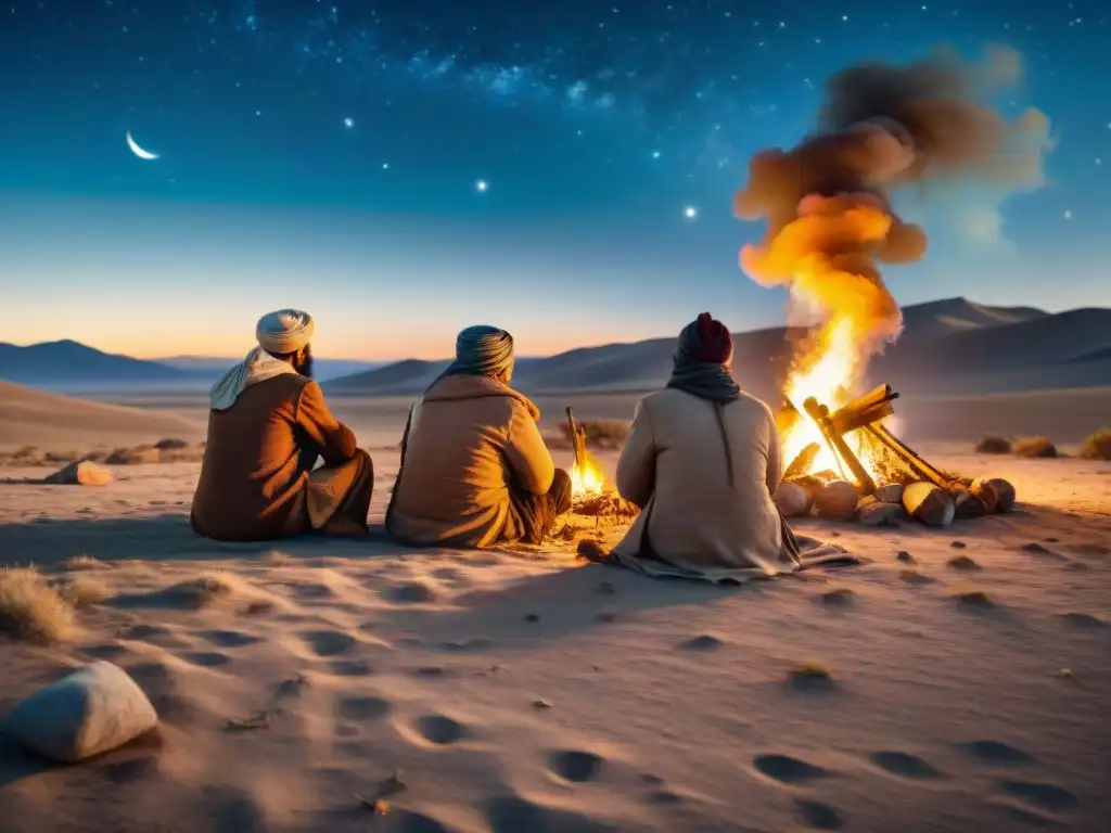 Tribus nómadas reunidas alrededor de fogata bajo cielo estrellado