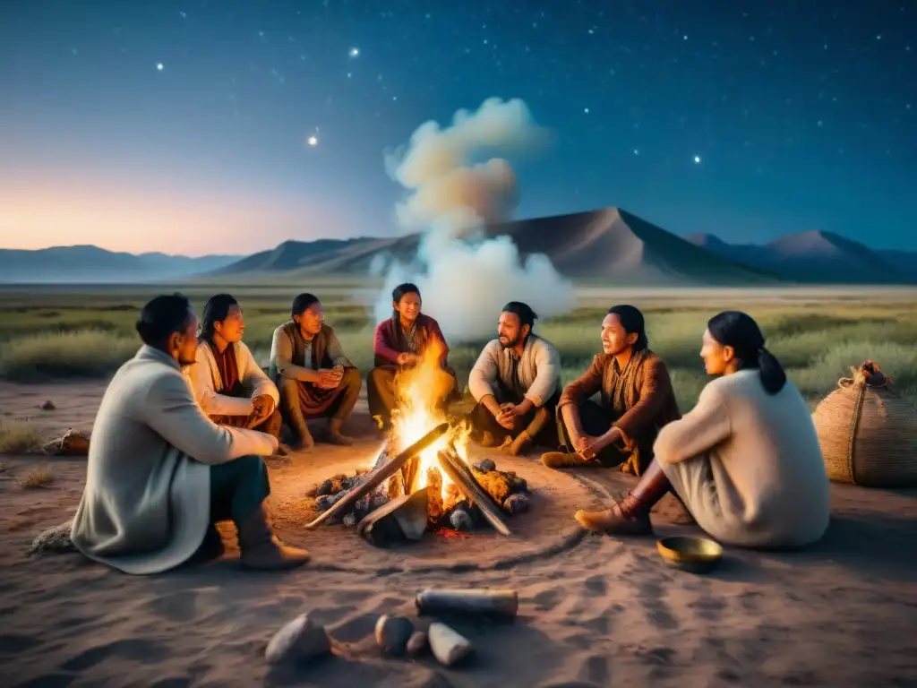 Rituales ancestrales de tribus nómadas bajo las estrellas Tribus nómadas reunidas alrededor de fogata en la estepa bajo cielo estrellado