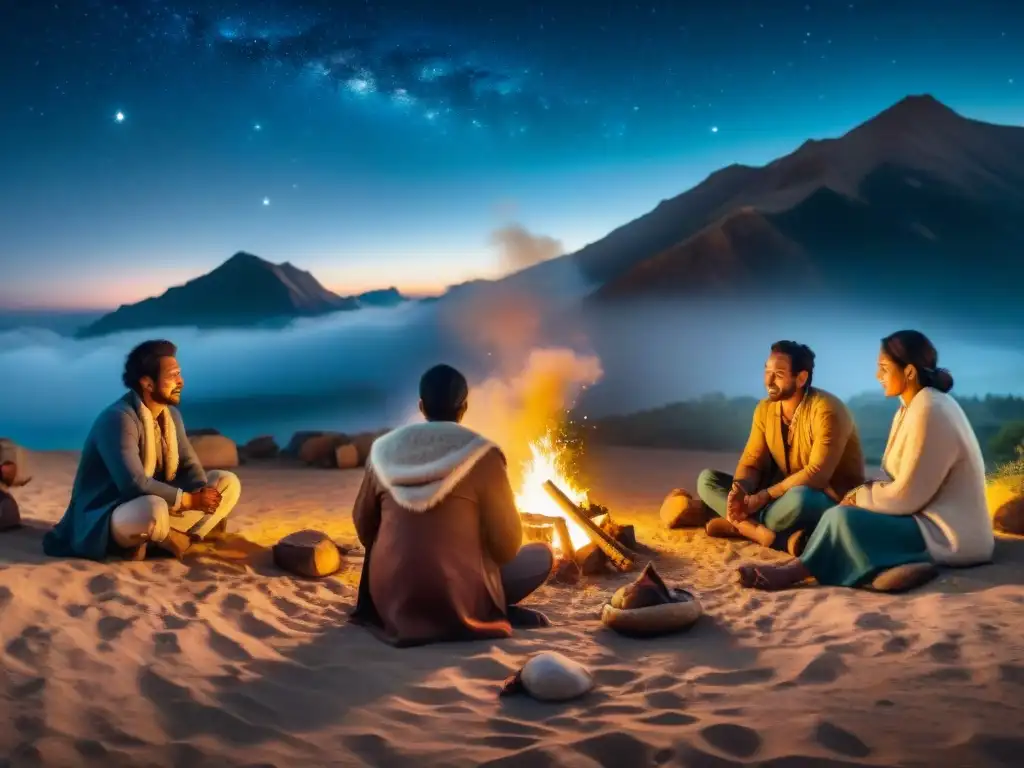 Tribus nómadas reunidas alrededor de una fogata en la noche estrellada, practicando astronomía en un ambiente místico y ancestral