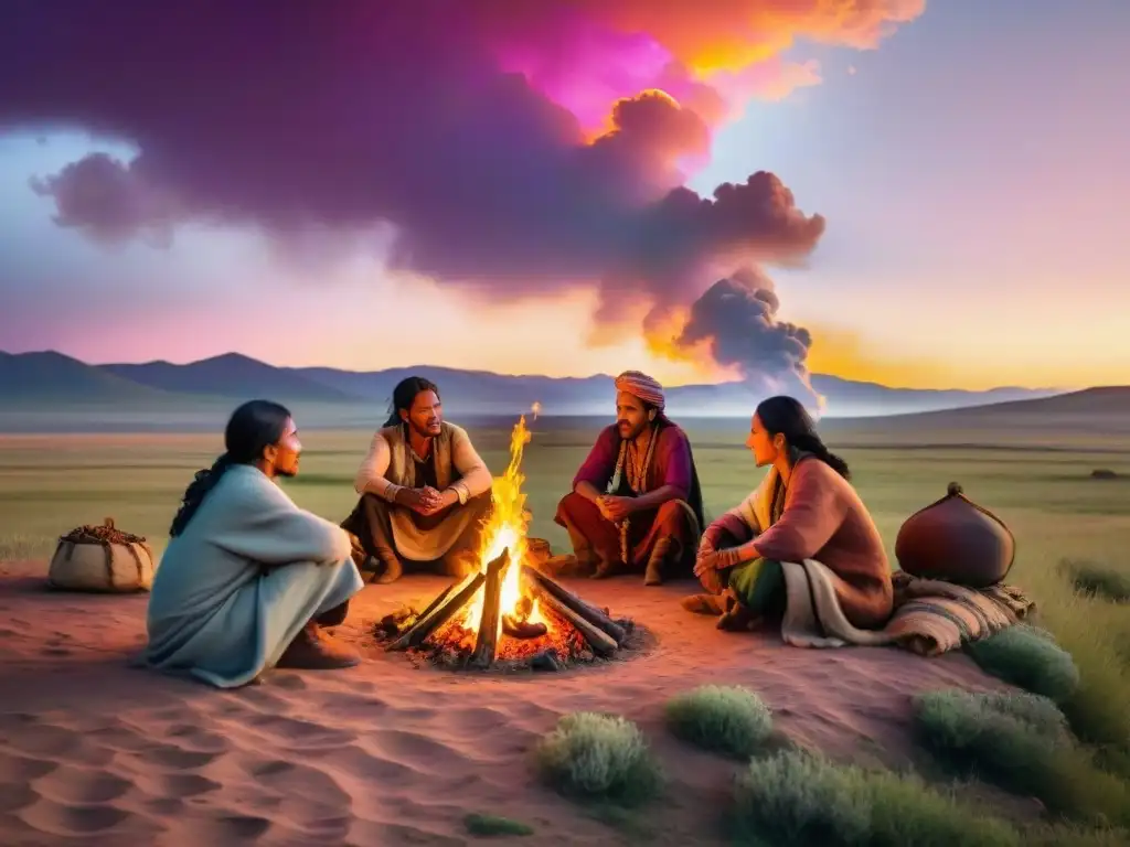 Tribus nómadas reunidas alrededor de fogata en la estepa al atardecer