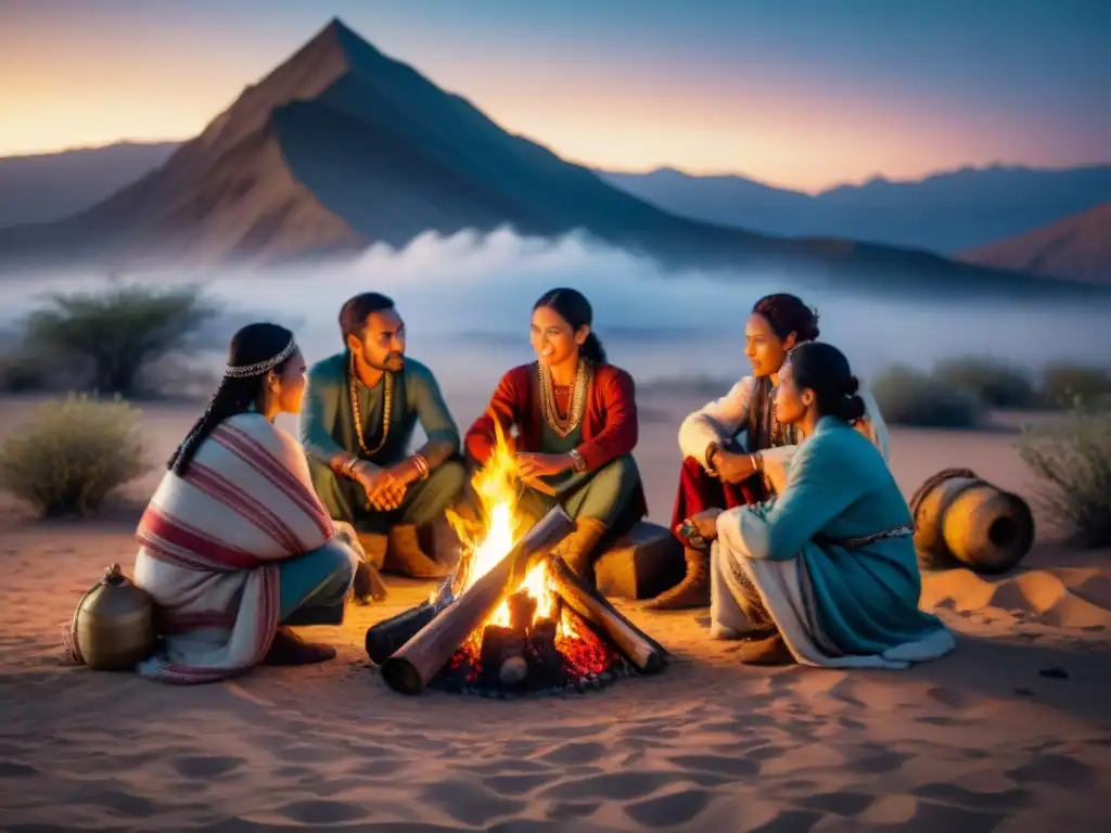 Tribus nómadas reunidas alrededor de una fogata en el desierto, resaltando su cultura, historia y legado ancestral bajo un cielo estrellado