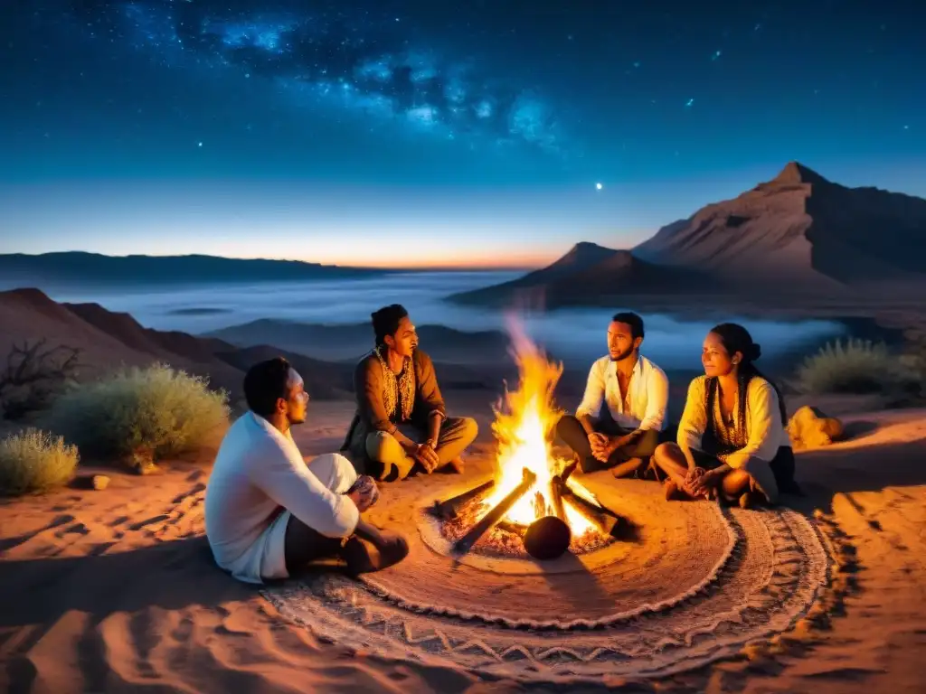 Fotografía de tribus nómadas reunidas alrededor de una hoguera bajo el cielo estrellado, mostrando técnicas narrativas